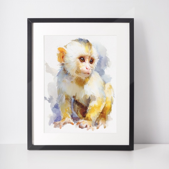 Watercolor Monkey Portrait Wall Art Print Unframed - Playful Jungle Charm - Picture 2 of 6